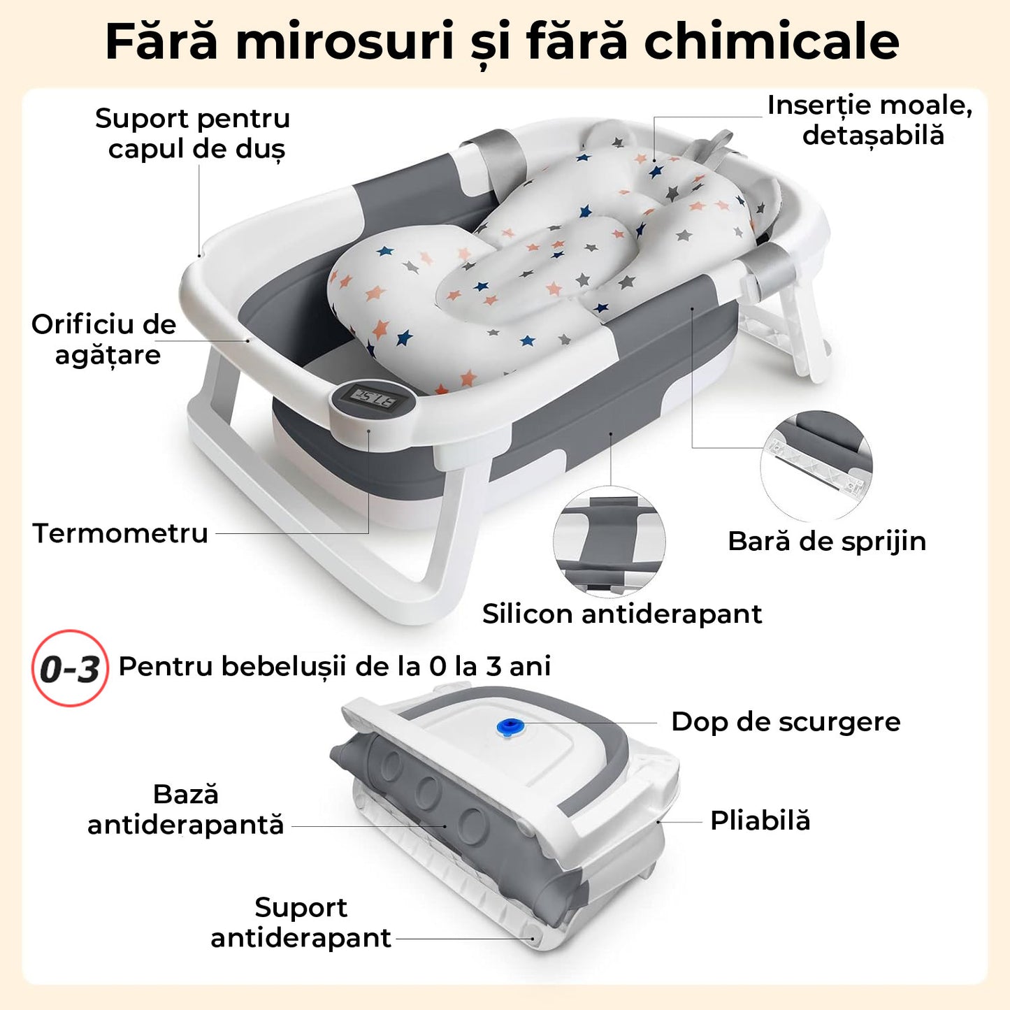 Cadita de baie pentru bebelusi, cu Termometru Incorporat, Display LCD, pernuta textila, portabila, pliabila in 2 moduri, dop indicator de temperatura, picioare antiderapante, culoare Gri