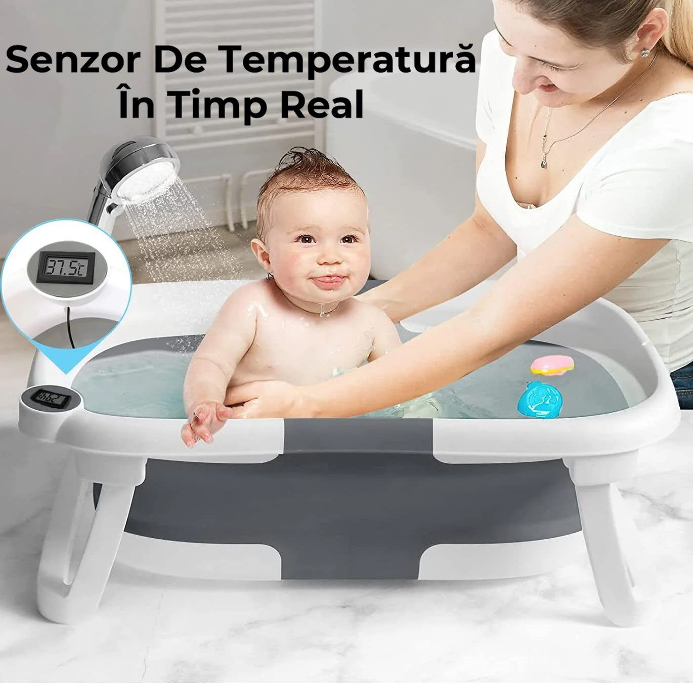 Cadita de baie pentru bebelusi, cu Termometru Incorporat, Display LCD, pernuta textila, portabila, pliabila in 2 moduri, dop indicator de temperatura, picioare antiderapante, culoare Gri