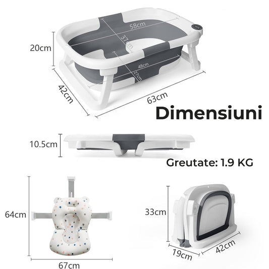 Cadita de baie pentru bebelusi, cu Termometru Incorporat, Display LCD, pernuta textila, portabila, pliabila in 2 moduri, dop indicator de temperatura, picioare antiderapante, culoare Gri