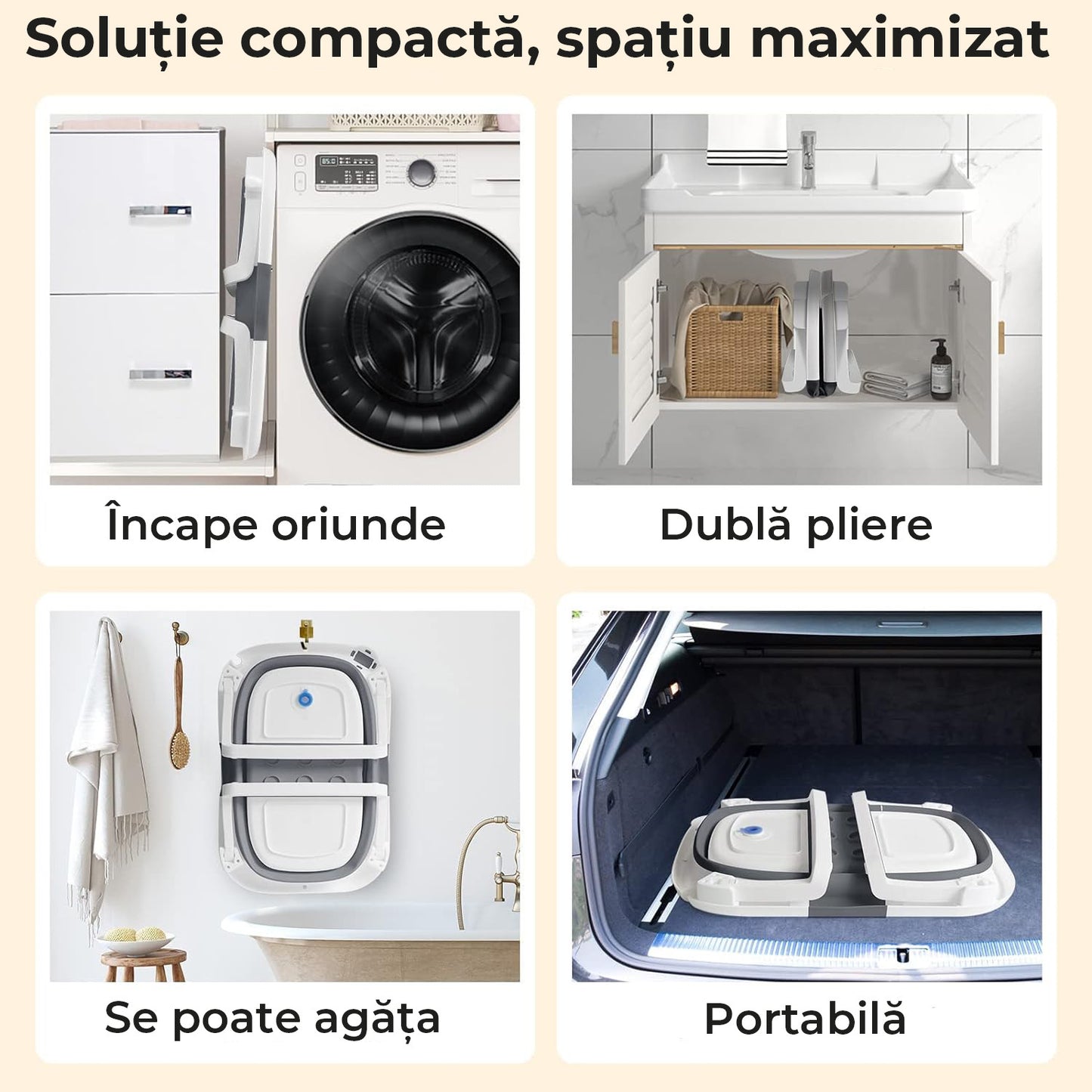 Cadita de baie pentru bebelusi, cu Termometru Incorporat, Display LCD, pernuta textila, portabila, pliabila in 2 moduri, dop indicator de temperatura, picioare antiderapante, culoare Gri