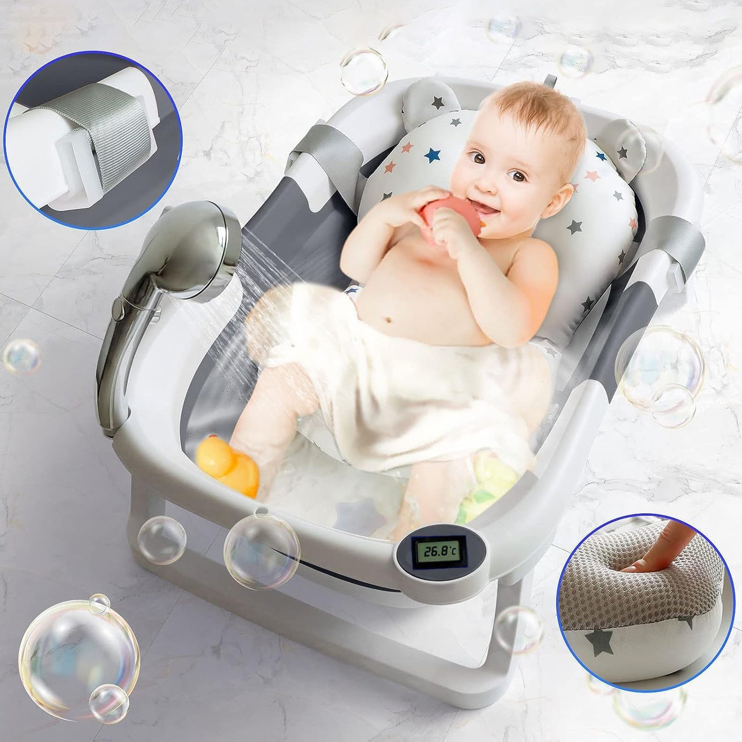 Cadita de baie pentru bebelusi, cu Termometru Incorporat, Display LCD, pernuta textila, portabila, pliabila in 2 moduri, dop indicator de temperatura, picioare antiderapante, culoare Gri
