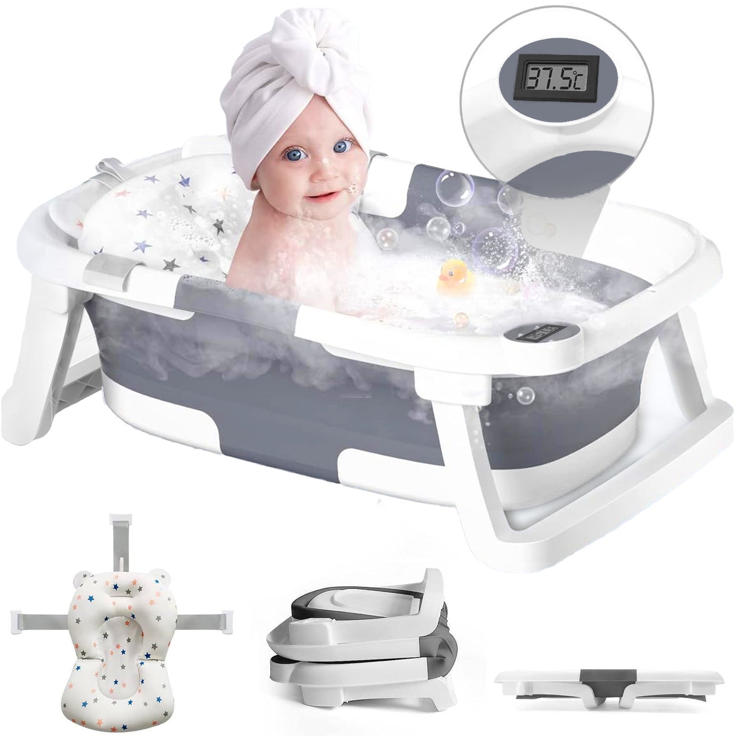 Cadita de baie pentru bebelusi, cu Termometru Incorporat, Display LCD, pernuta textila, portabila, pliabila in 2 moduri, dop indicator de temperatura, picioare antiderapante, culoare Gri